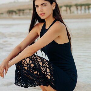 New Torn By Ronny Kobo Nina Crochet Black Midi Dress NWT